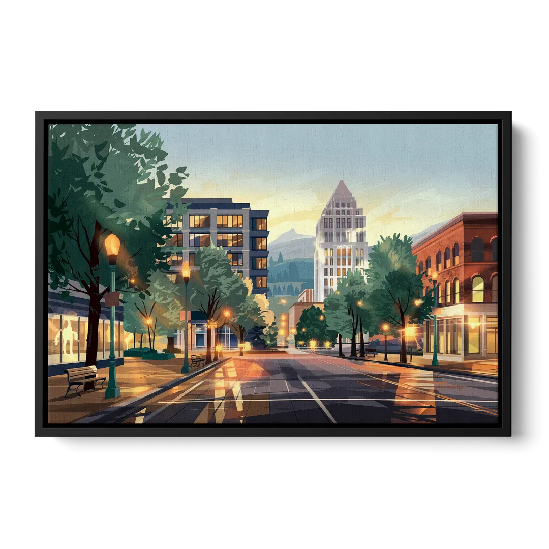 Eugene Cityscape Downtown - Black Frame Canvas