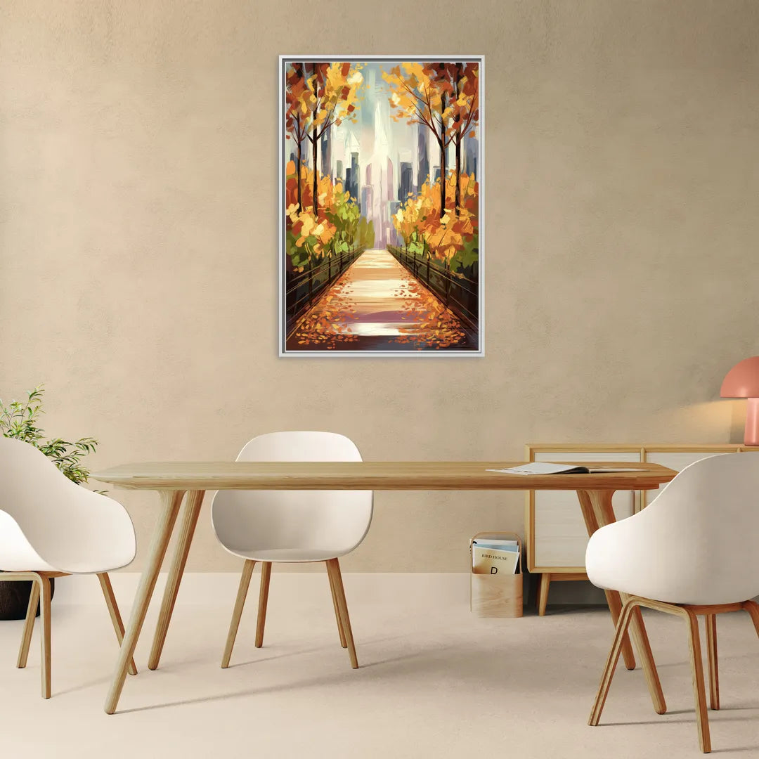 New York City Central Park in Fall Sunny - Living Room White Frame Canvas