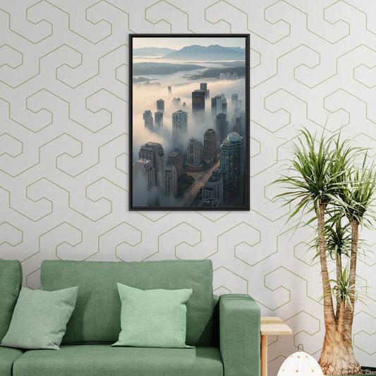 Vancouver Foggy Skyline - Living Room Black Frame Canvas