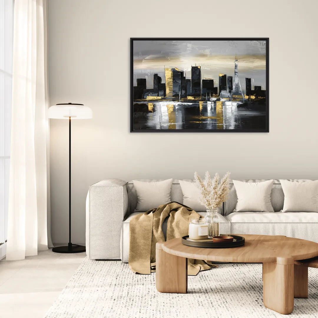 Las Vegas Black And White Skyline - Living Room Black Frame Canvas