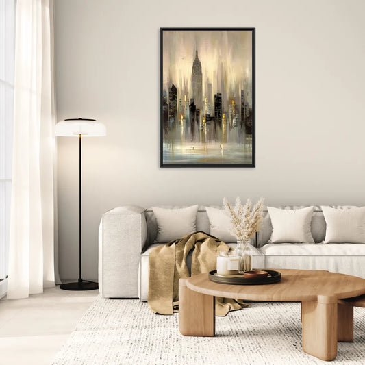 New York City Skyline in Fog - Living Room Black Frame Canvas