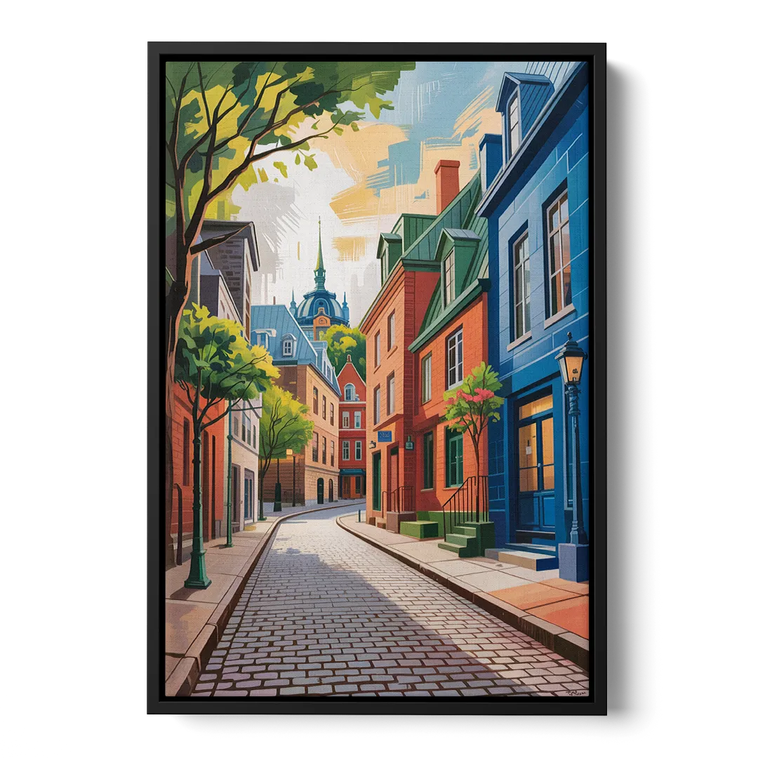 Quebec City Cobblestone Road - Black Frame Canvas