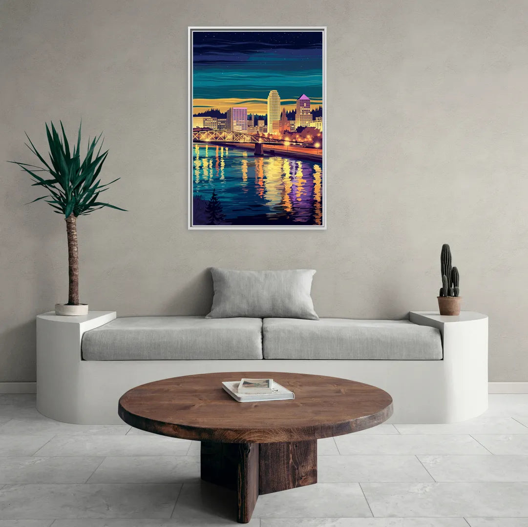 Portland Downtown Lights - Living Room White Frame Canvas
