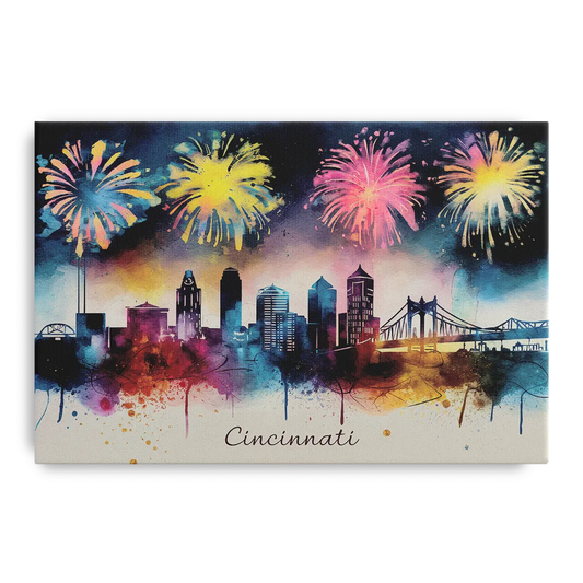 Cincinnati Skyline With Fireworks - Canvas Wall Art