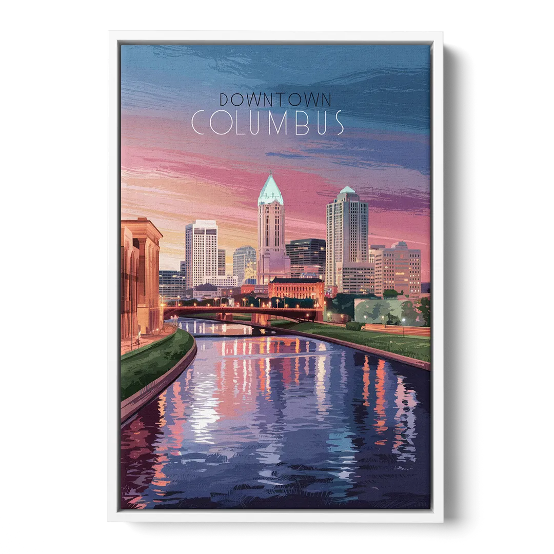 Columbus Downtown Panorama - White Frame Canvas