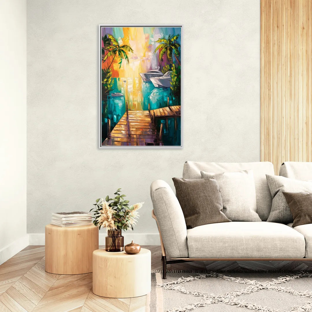 Key West Harbor Views - Living Room White Frame Canvas