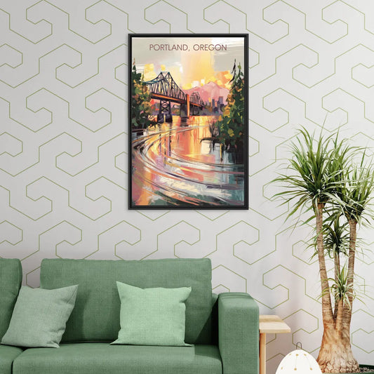 Portland Oregon Riverfront - Living Room Black Frame Canvas