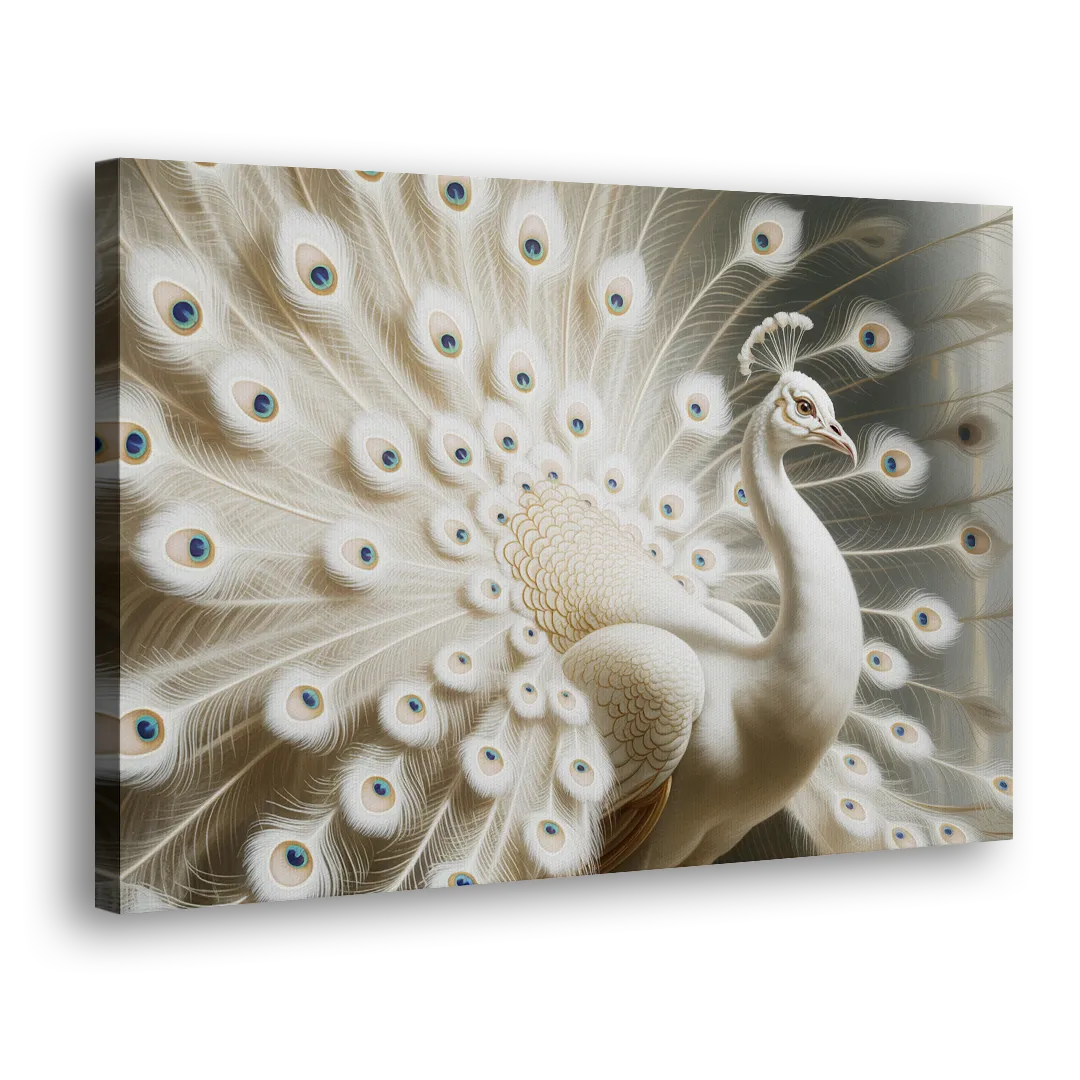 Majestic Peacock in White and Gold - Canvas Print Art Sides