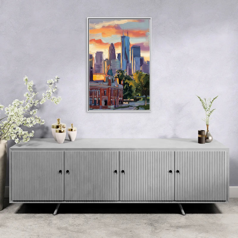Kansas City Skyline at Sunset - Living Room White Frame Canvas