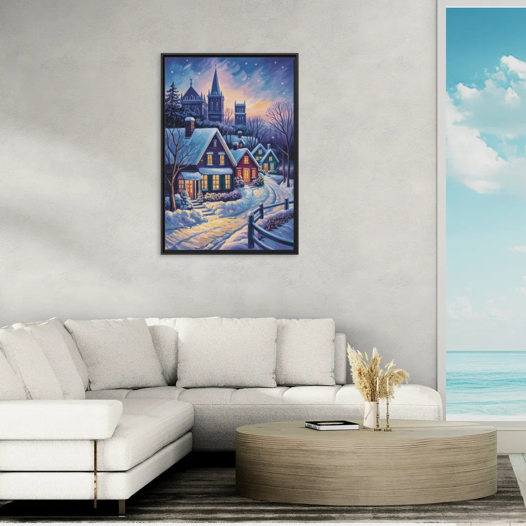Quebec Snowy Village Scene - Living Room Black Frame Canvas