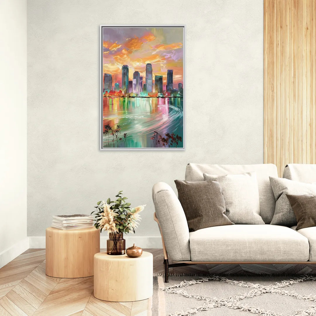 Tampa Skyline at Sunset - Living Room White Frame Canvas