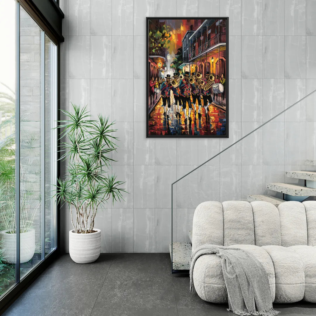 New Orleans Second Line Band - Living Room Black Frame Canvas