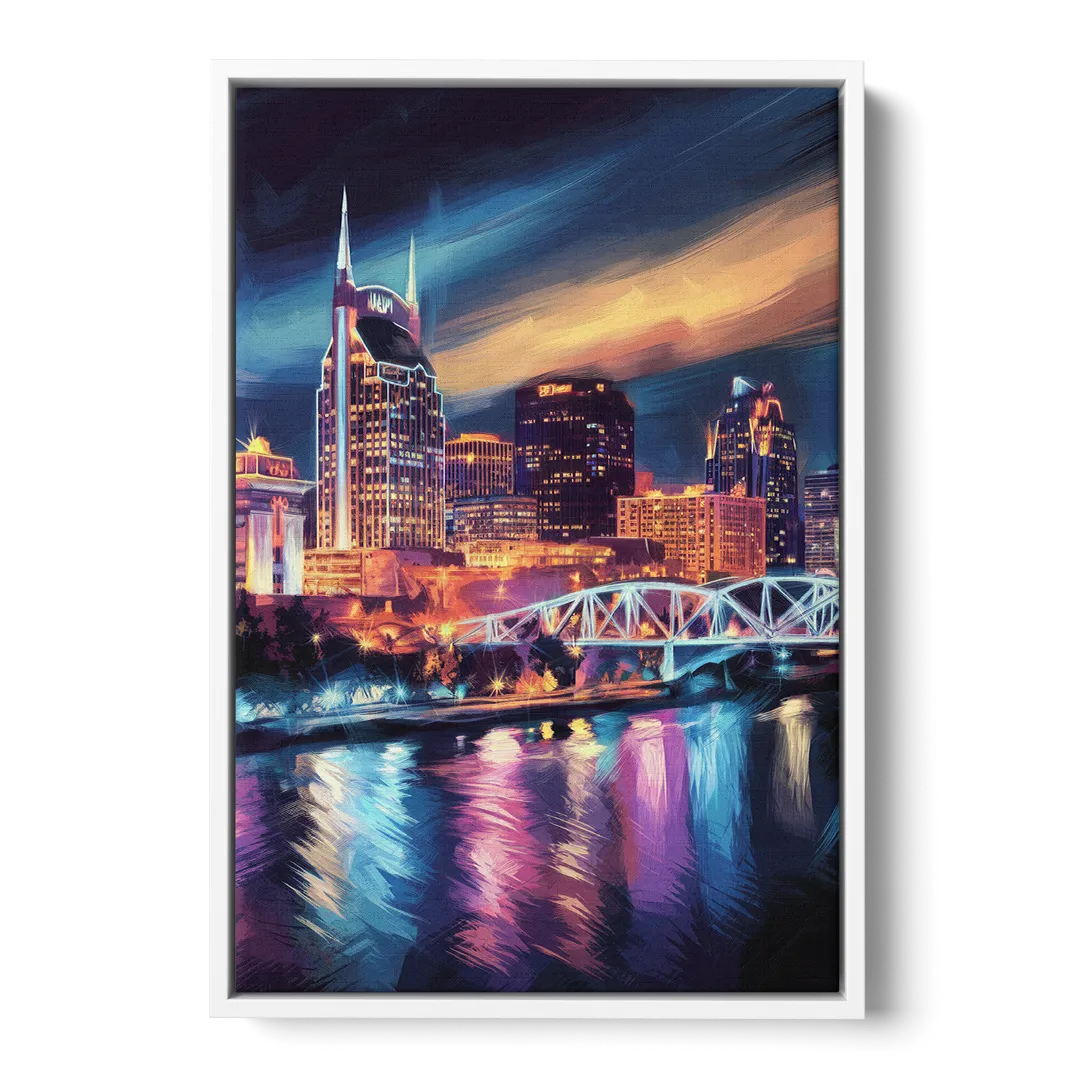 Nashville Bright Lights Skyline - White Frame Canvas