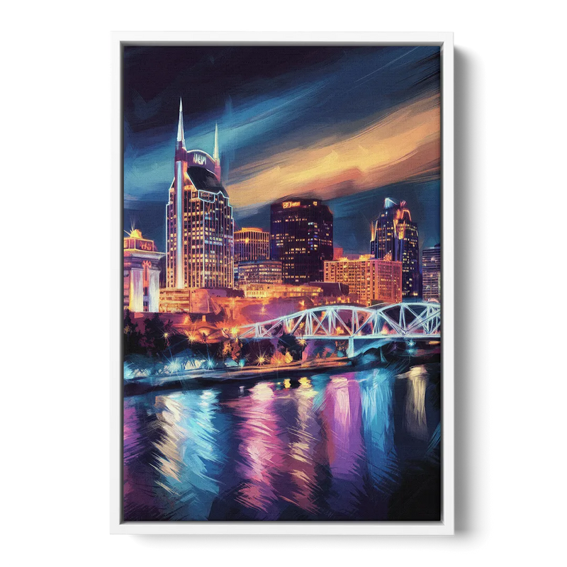 Nashville Bright Lights Skyline - White Frame Canvas