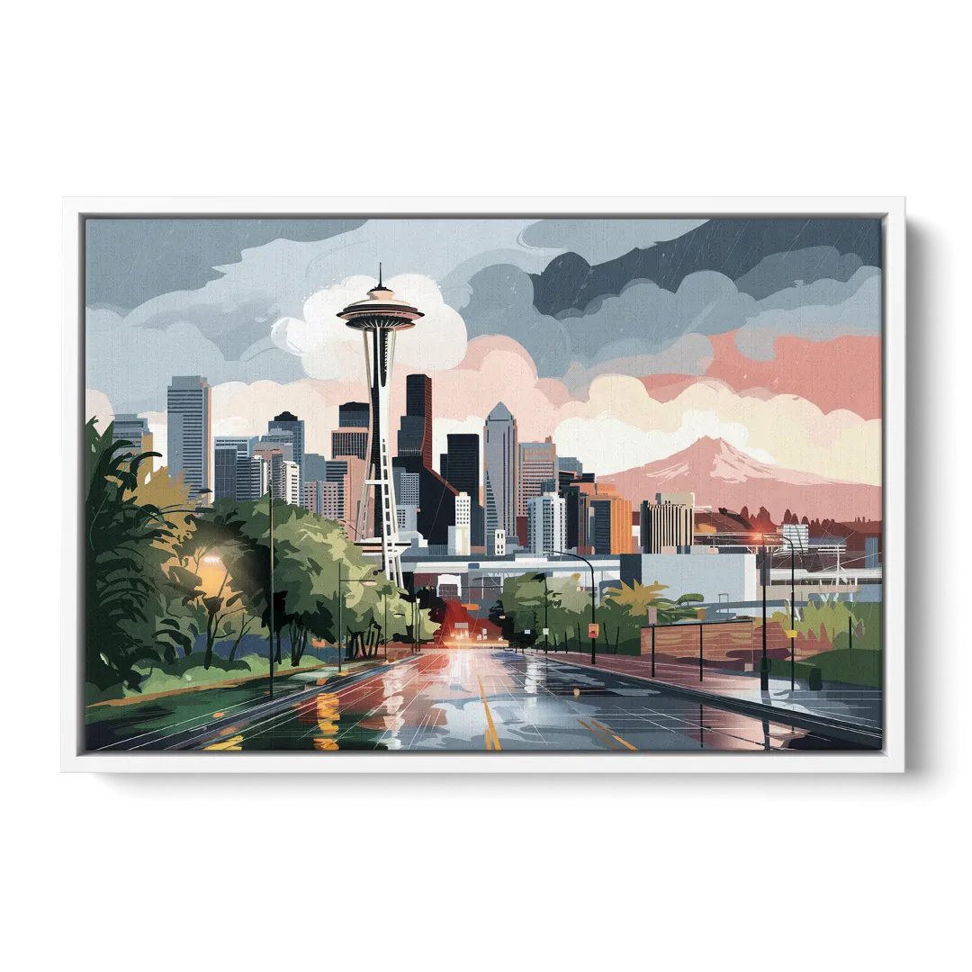 Seattle Rainy Day Skyline - White Frame Canvas