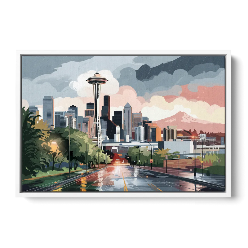 Seattle Rainy Day Skyline - White Frame Canvas