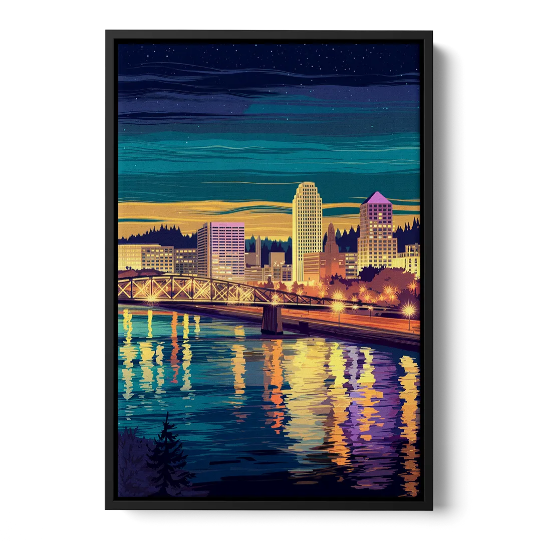Portland Downtown Lights - Black Frame Canvas