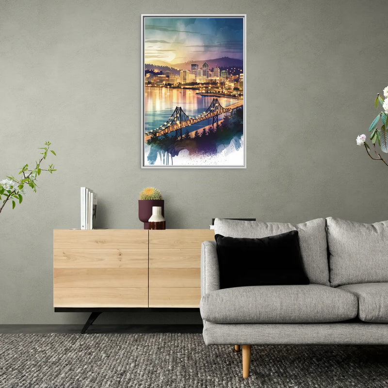 Tacoma Skyline View - Living Room White Frame Canvas