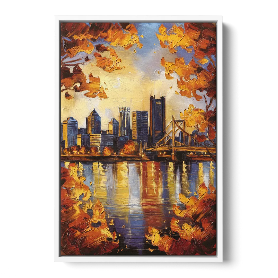 Pittsburgh Skyline in Autumn - White Frame Canvas