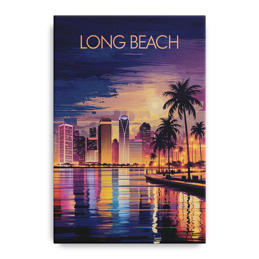 Long Beach Cityscape Evening Lights Nightscape - Canvas Wall Art
