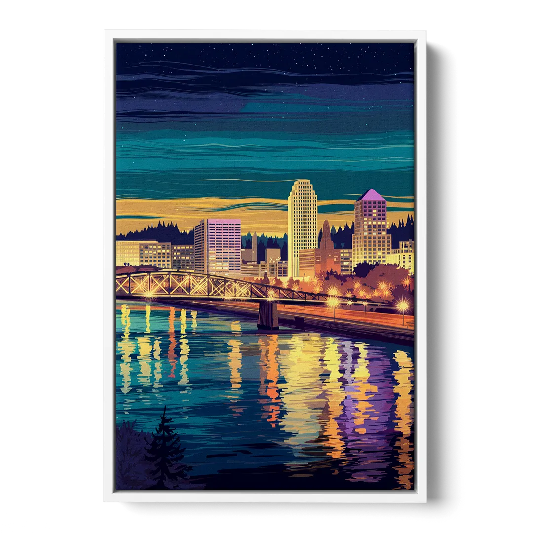Portland Downtown Lights - White Frame Canvas