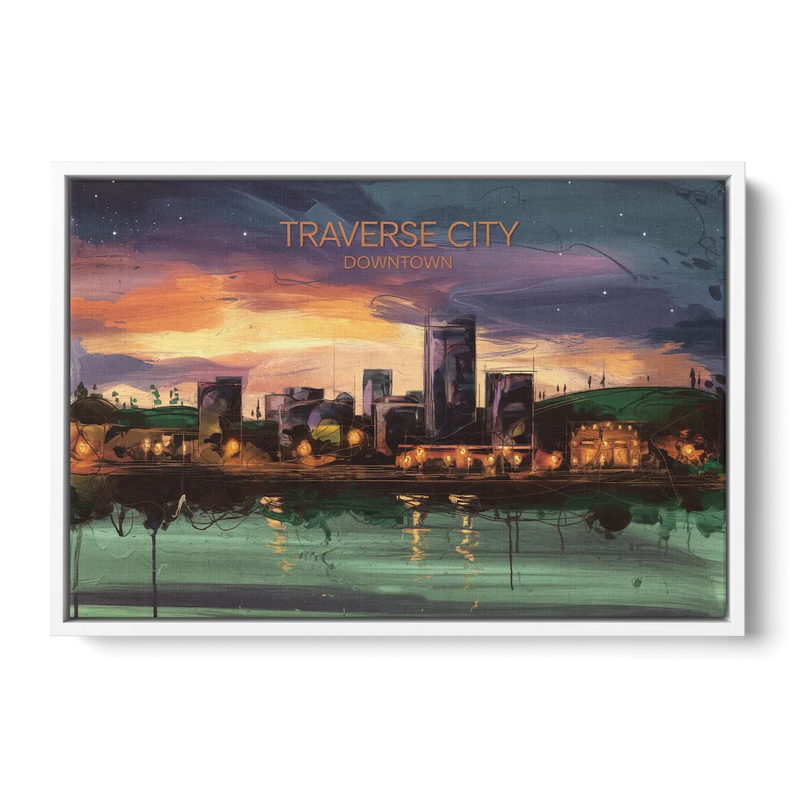 Traverse City Downtown Skyline - White Frame Canvas