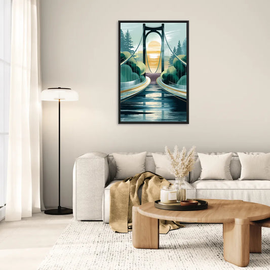 Tacoma Narrows Bridge Scene - Living Room Black Frame Canvas