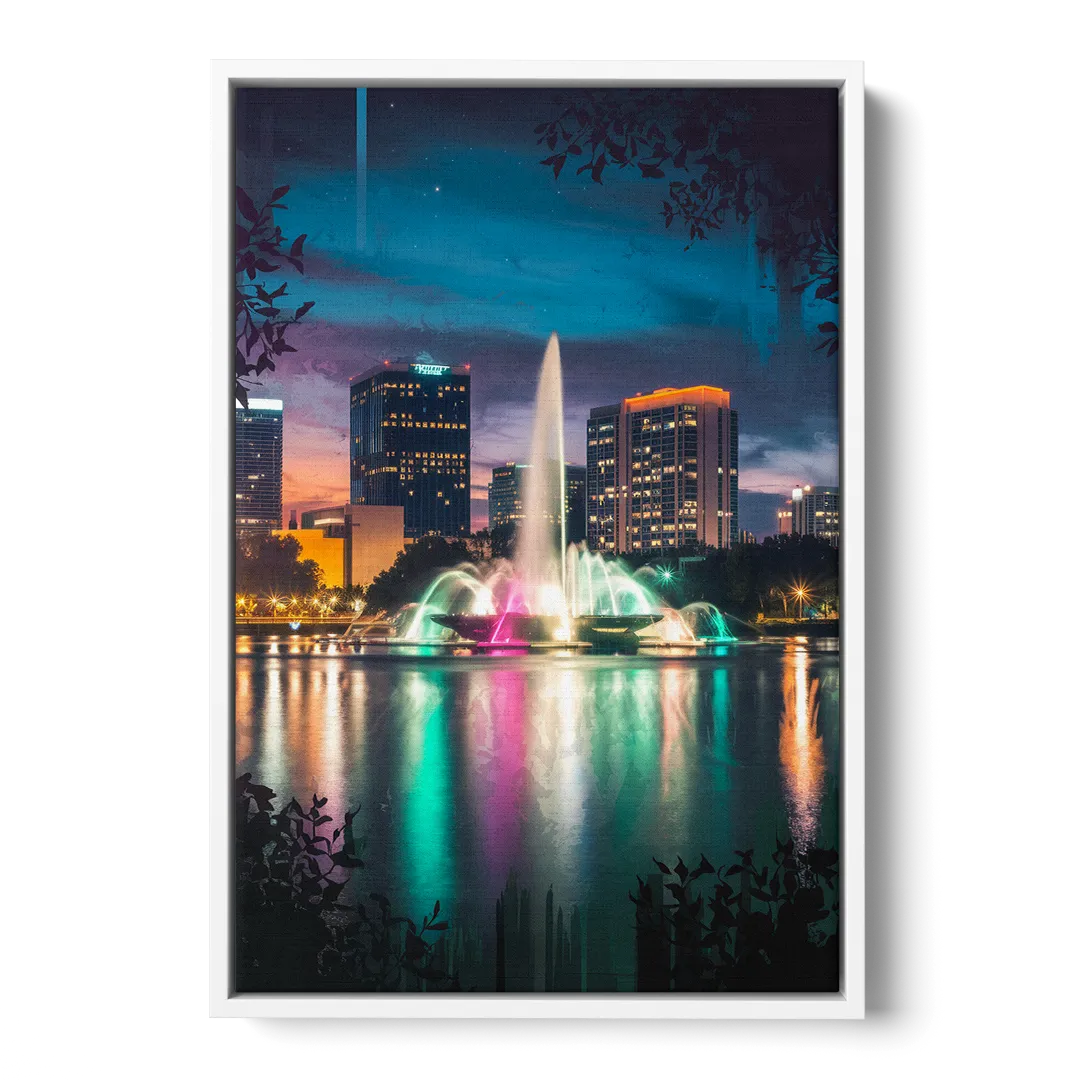 Orlando Downtown Night Lights - White Frame Canvas