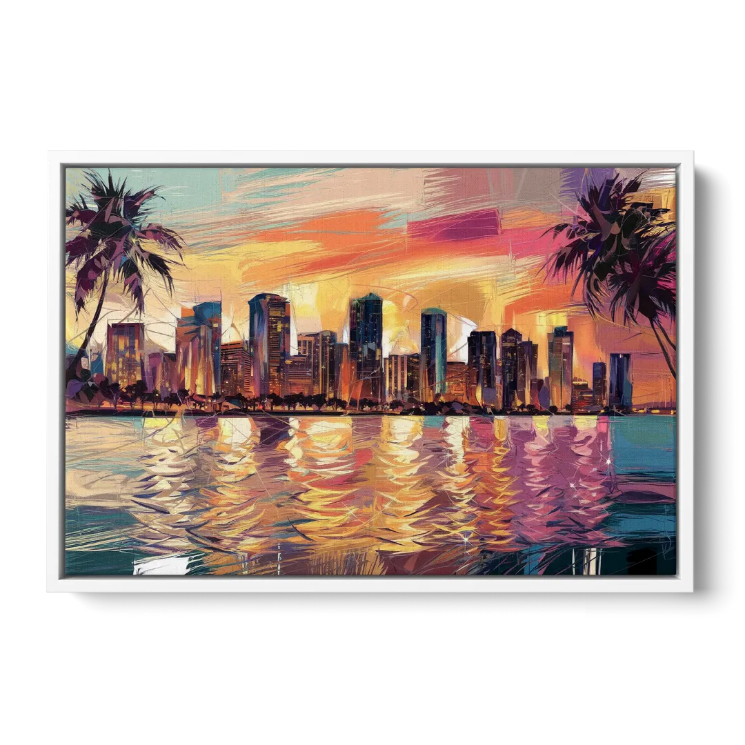 Miami Skyline At Sunset - White Frame Canvas