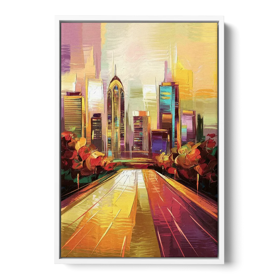 Atlanta Skyline and Peachtree Street - White Frame Canvas