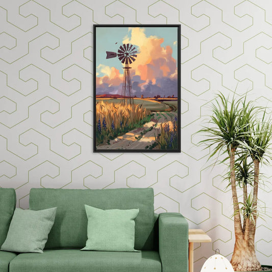 Lubbock Windmill Scene - Living Room Black Frame Canvas