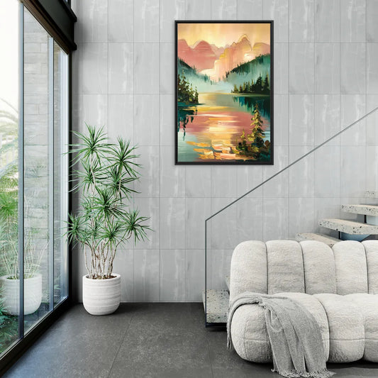 Lake Placid Sunrise Over Peaks - Living Room Black Frame Canvas