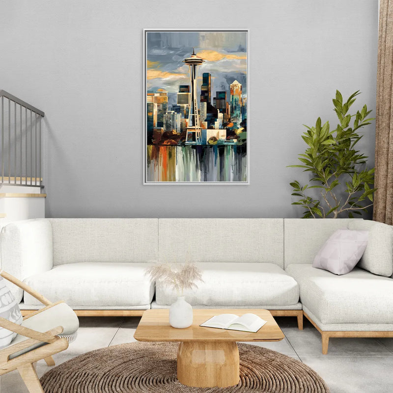Seattle Skyline Panorama - Living Room White Frame Canvas