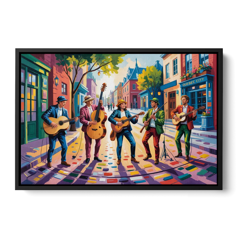 Quebec City Street Musicians - Black Frame Canvas