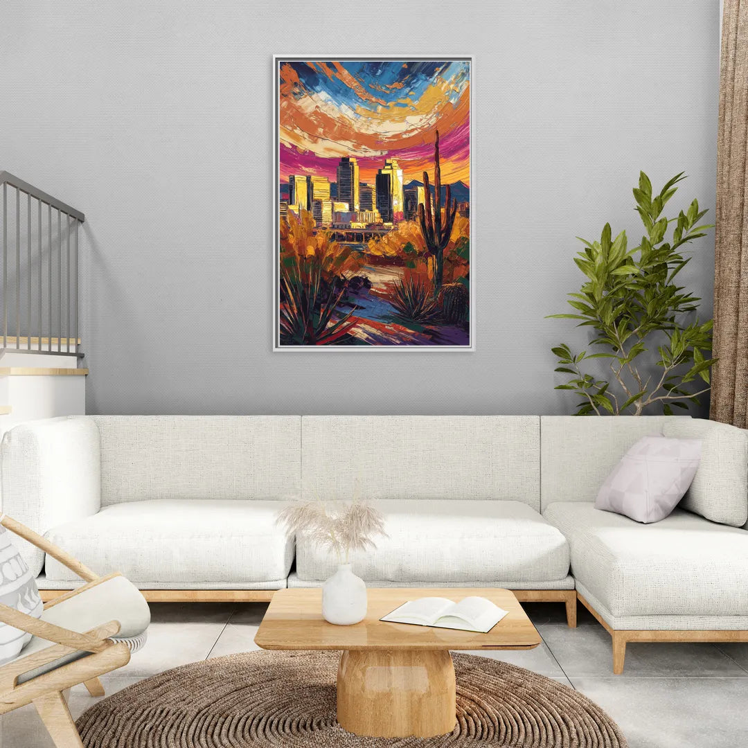 Phoenix Downtown Cityscape - Living Room White Frame Canvas