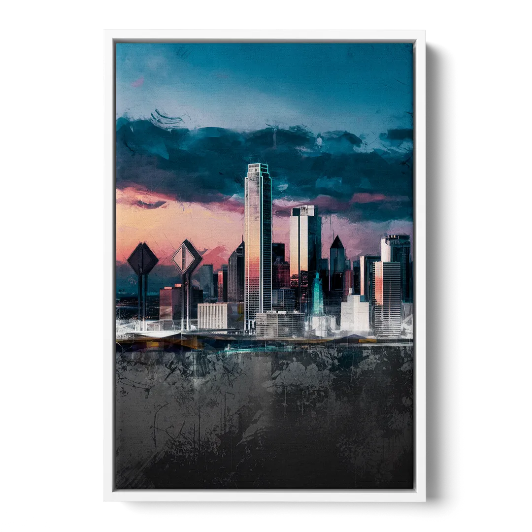 Dallas Cityscape Panorama - White Frame Canvas