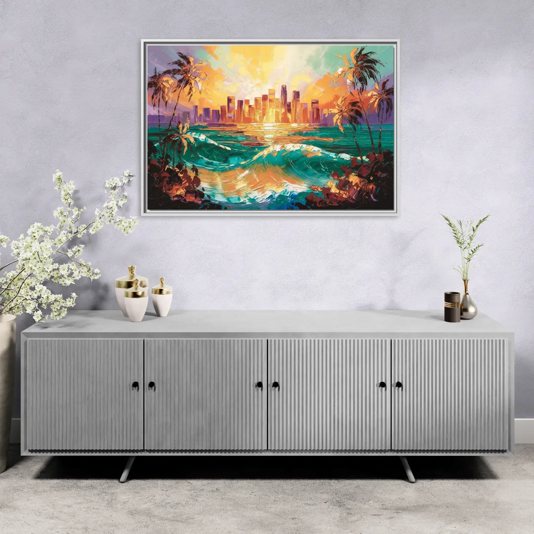 Los Angeles Sunset Over The Ocean - Living Room White Frame Canvas