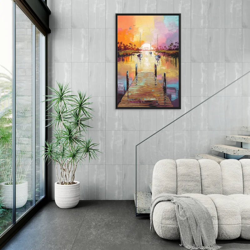 Charleston Harbor at Sunset - Living Room Black Frame Canvas