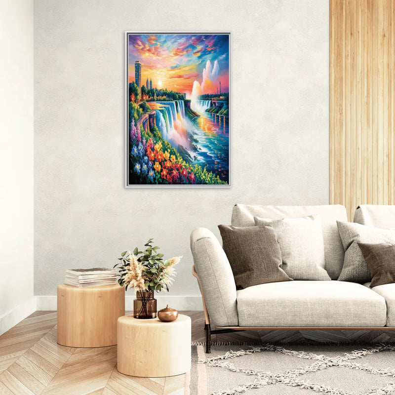 Niagara Falls Sunset Glow - Living Room White Frame Canvas