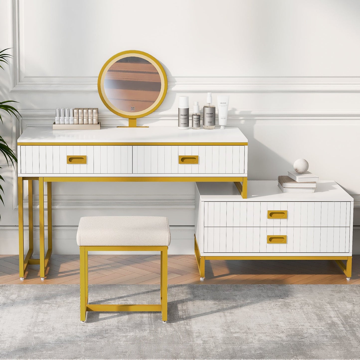 Elegant 4-Drawer Vanity Table with Side Cabinet – Modern Home Decor