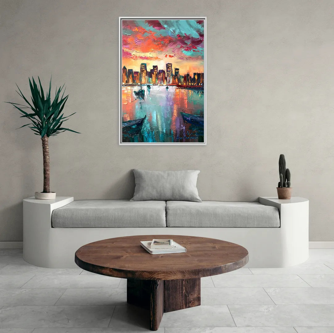 Norfolk Harbor Reflections - Living Room White Frame Canvas