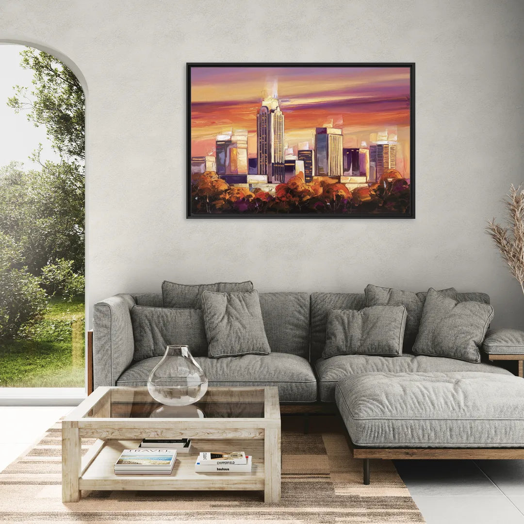 Raleigh Skyline Sunset - Living Room Black Frame Canvas