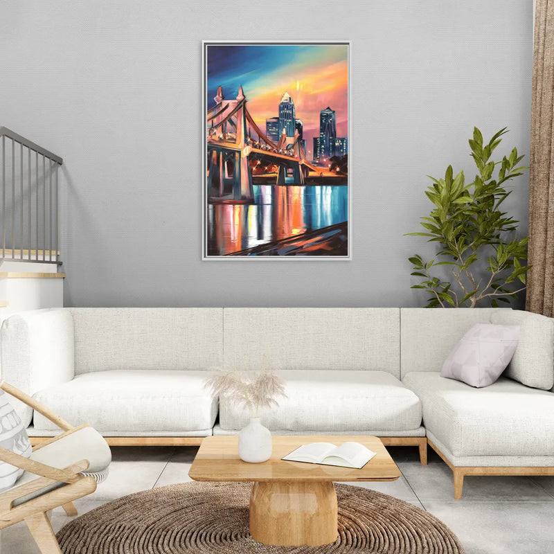 Cincinnati Skyline and Historic Bridges - Living Room White Frame Canvas