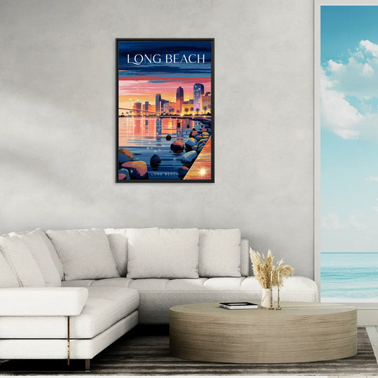 Long Beach Cityscape Evening Lights - Living Room Black Frame Canvas