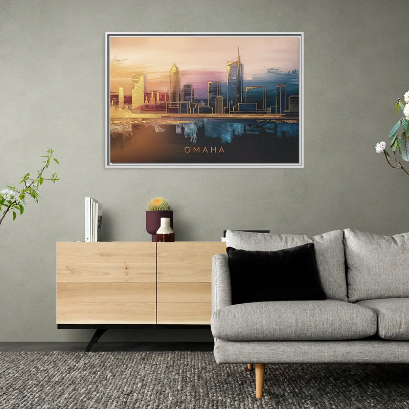 Omaha City Skyline - Living Room White Frame Canvas