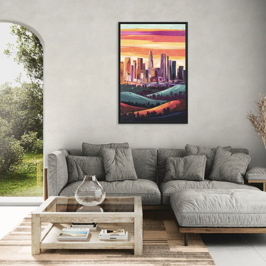 Los Angeles Skyline at Sunset - Living Room Black Frame Canvas