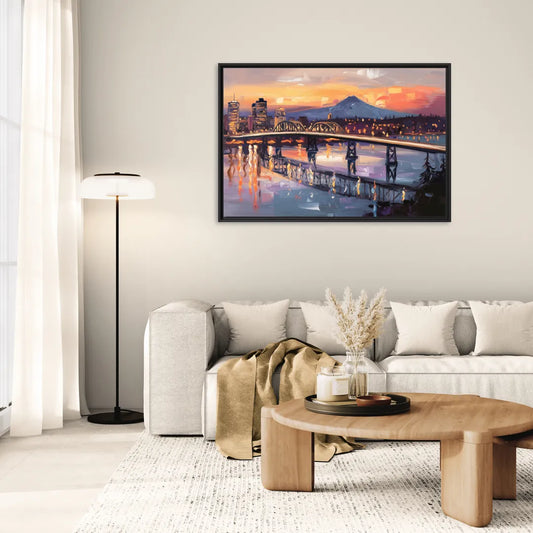Portland Cityscape At Dusk - Living Room Black Frame Canvas
