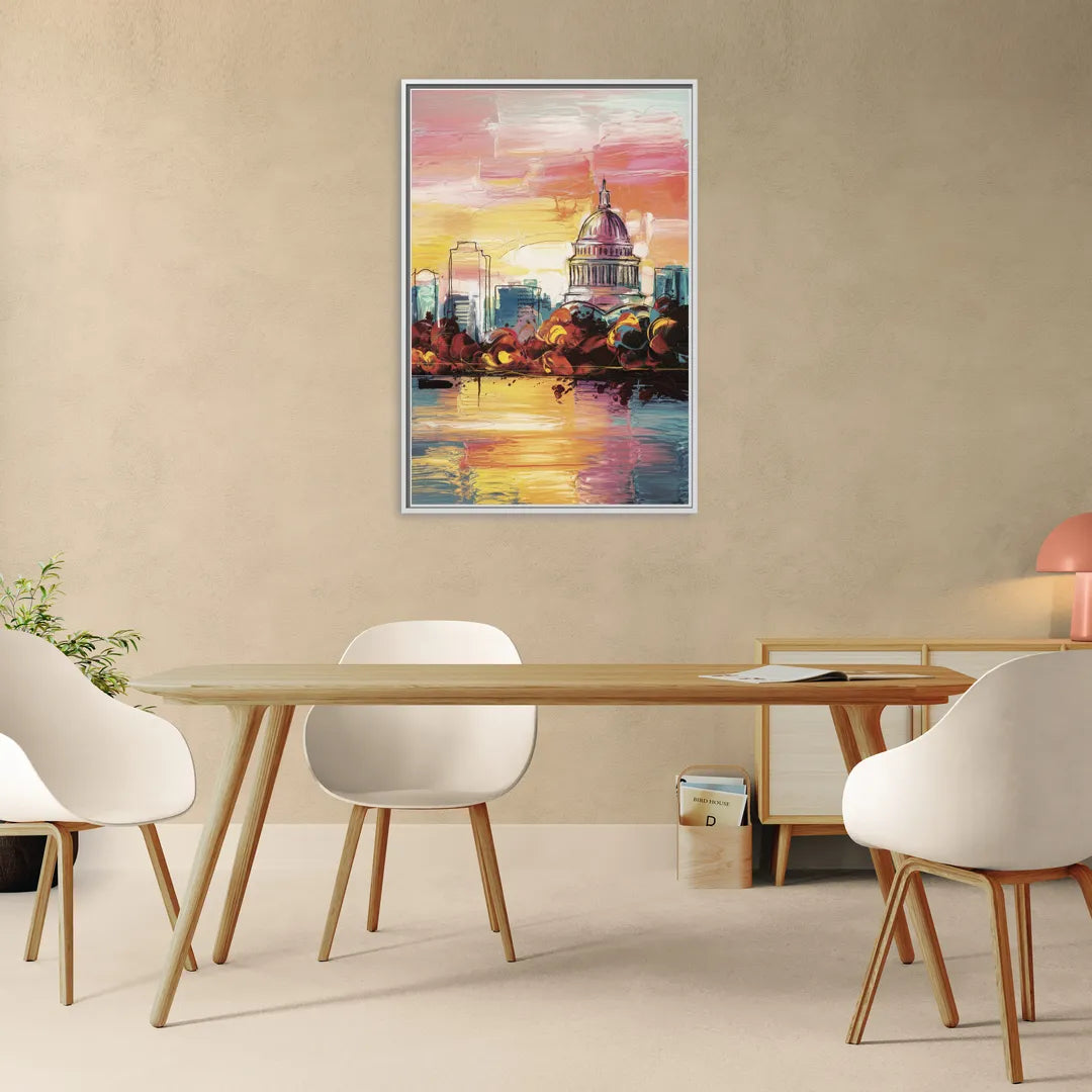 Madison Skyline at Sunset - Living Room White Frame Canvas