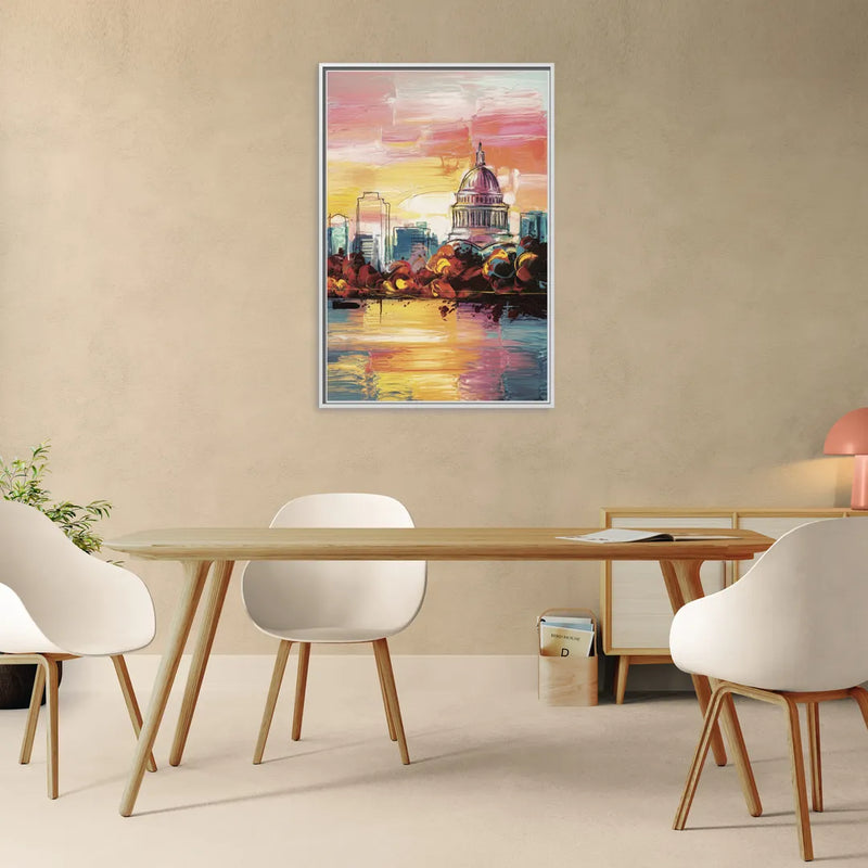 Madison Skyline at Sunset - Living Room White Frame Canvas