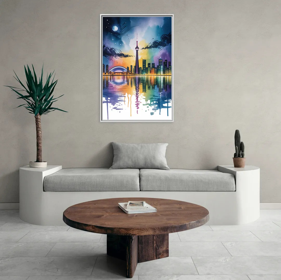 Toronto Skyline at Night - Living Room White Frame Canvas